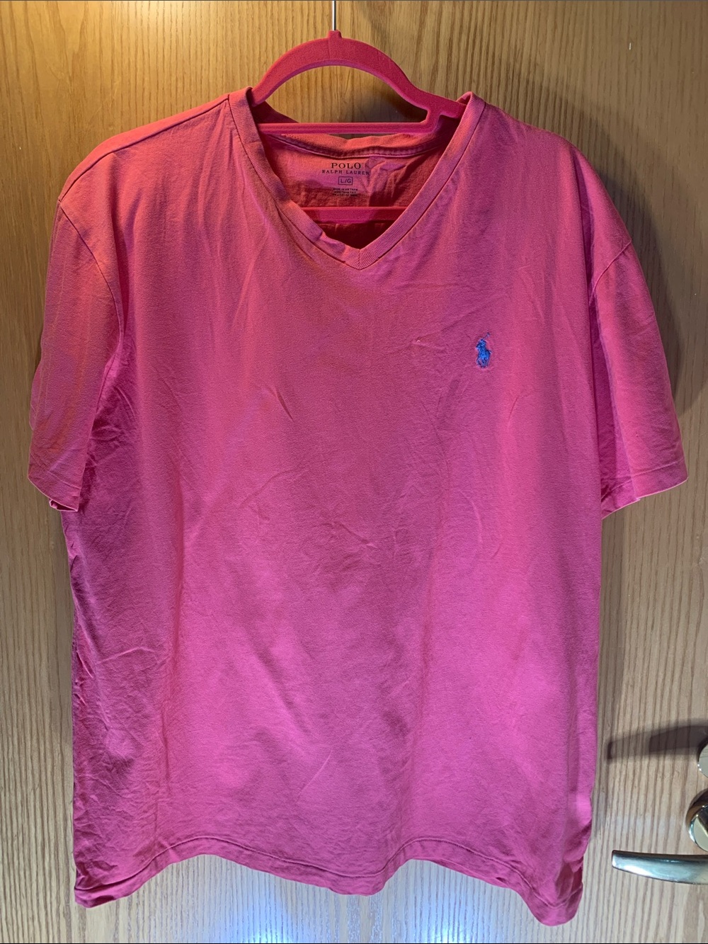 Polo by Ralph Lauren Coral Crewneck Tee with Blue Logo Print- Size L